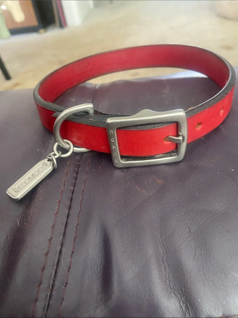 Coach Red Leather Dog Collar with Silver Buckle and Tag